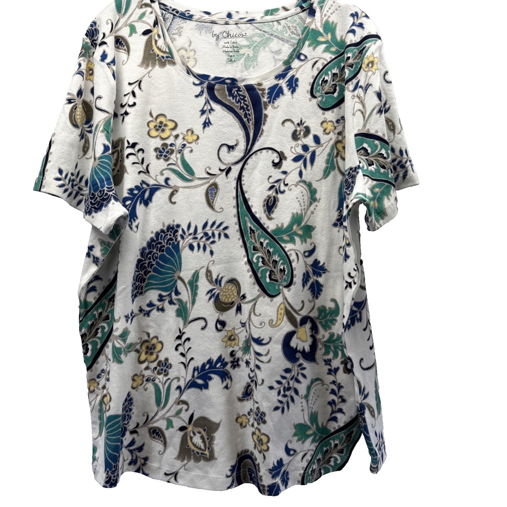 Chicos Women's Top Size Plus 2X Blue White Green Paisley Pullover Knit Stretch